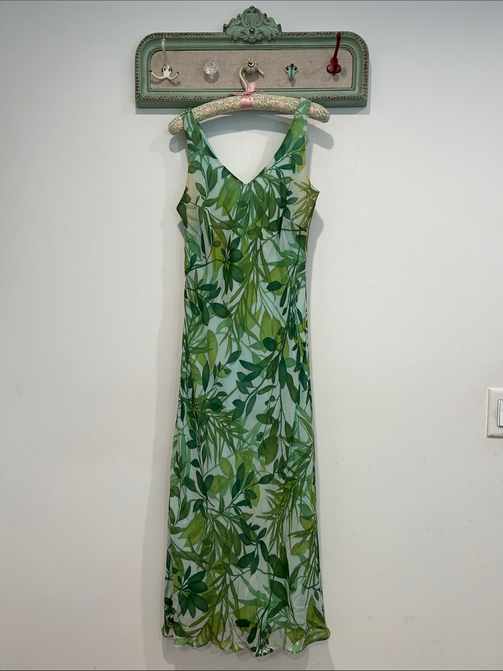 Vintage Y2K Ann Taylor Silk Green Botanical Leaf-Print Maxi Dress Women’s 12 p
